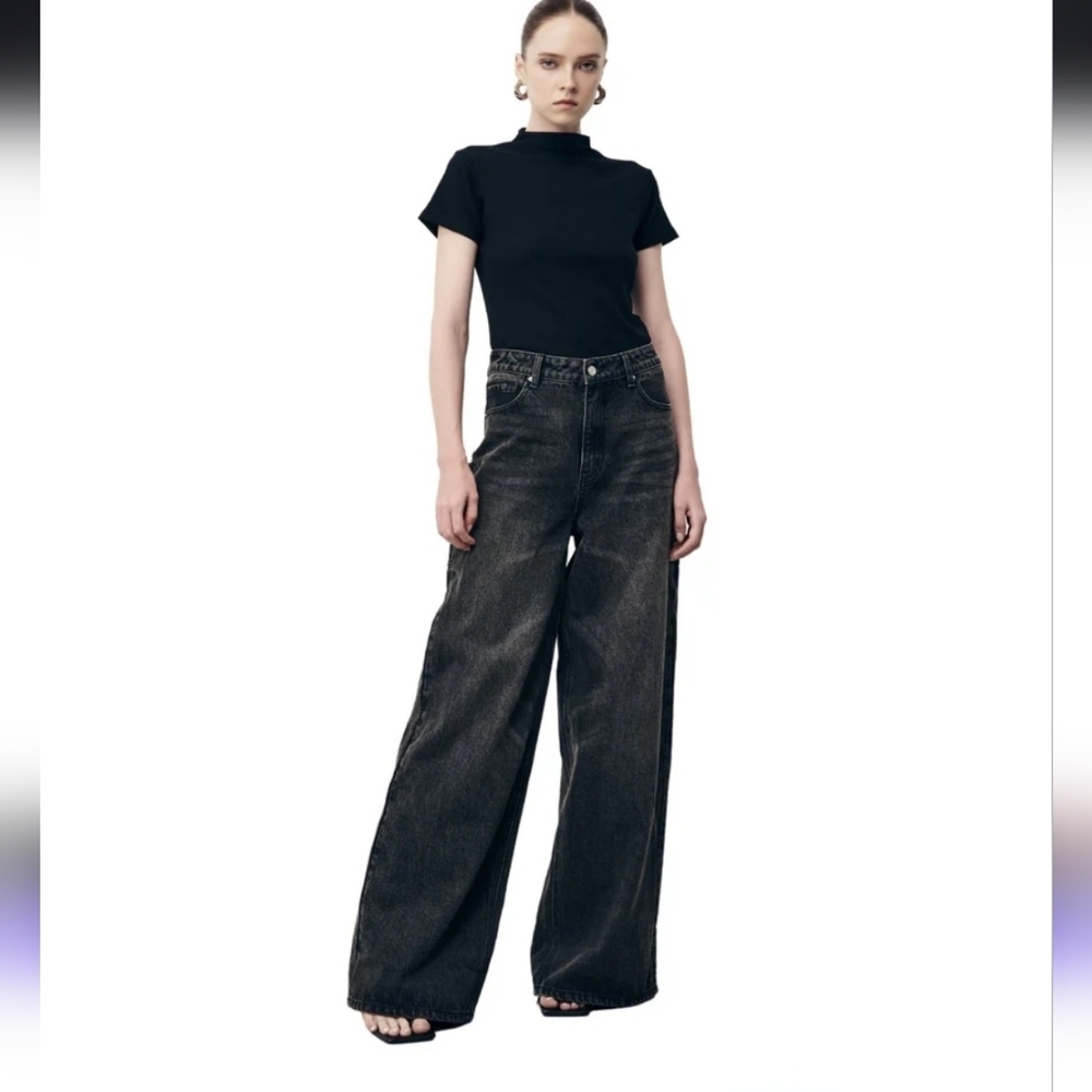 Lamin Apparel High-Rise Wide Leg Jeans in Washed Black Size XL Like New